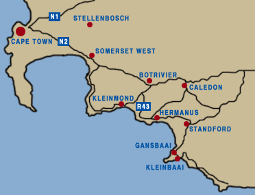 Map from Cape Town to Gansbaai/Kleinbaai